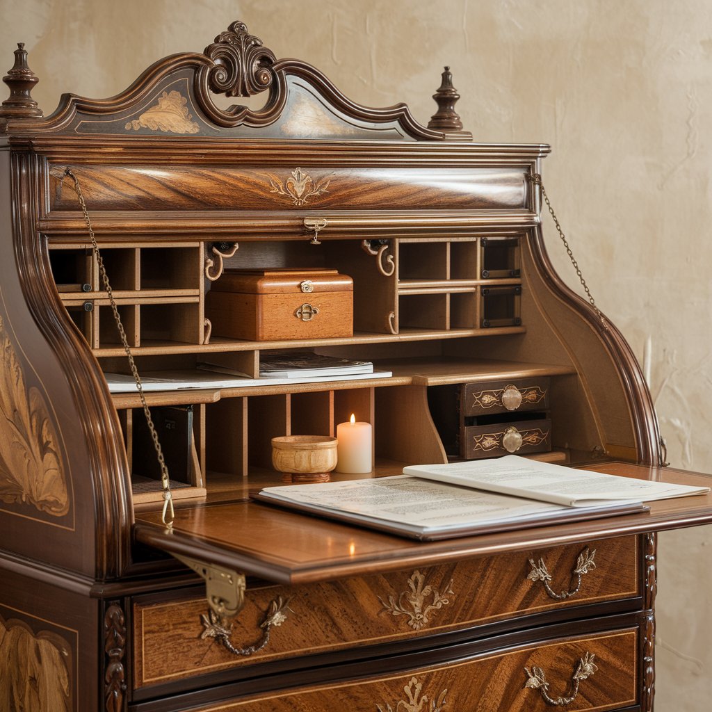 A beautifully crafted roll-top desk with the top open