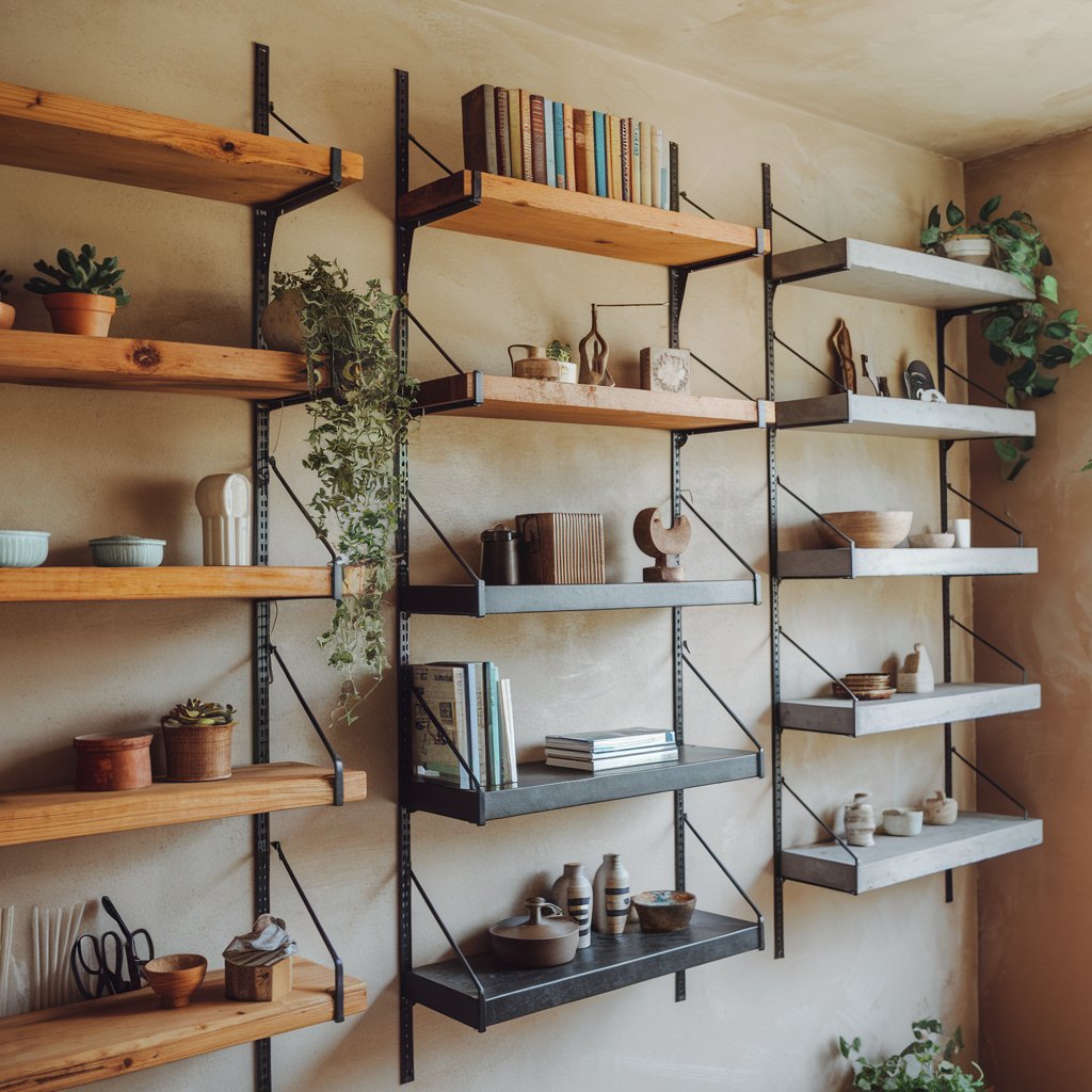 A set of floating shelves in various styles