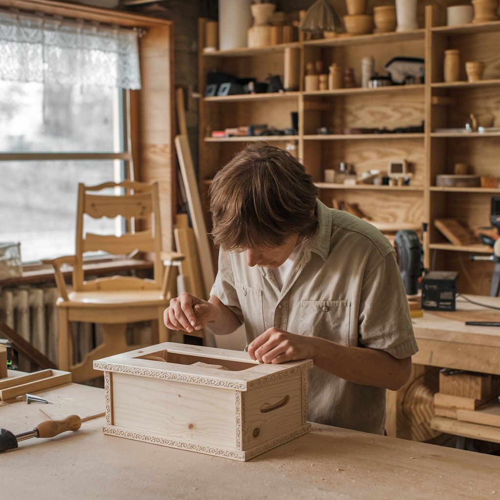 A woodworker in their workshop, transitioning from working on a hobby project to fulfilling a customer order