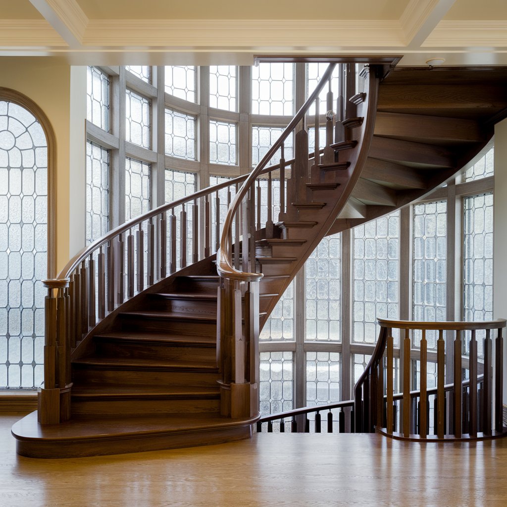 A elegant wooden spiral staircase in a home