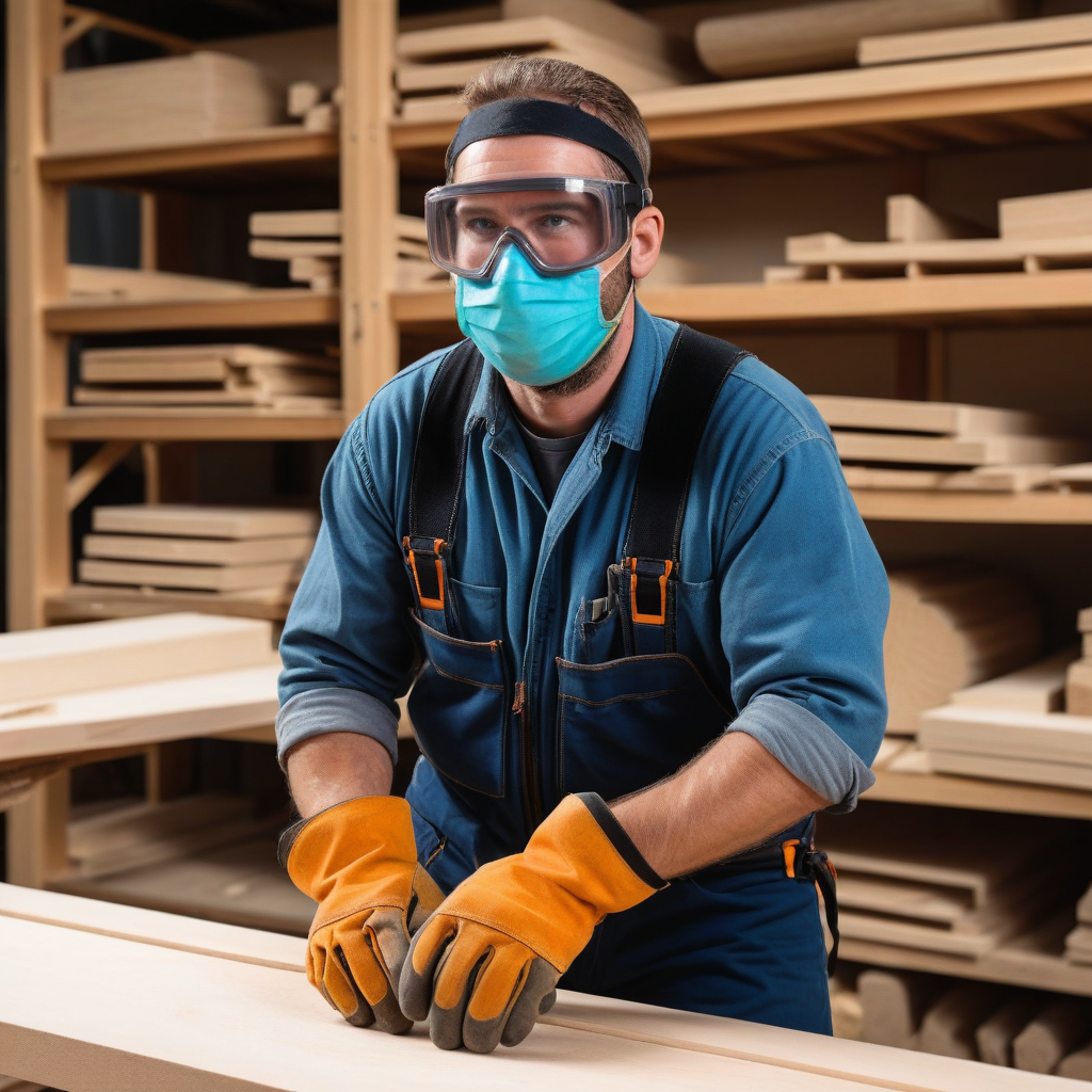 A woodworker wearing proper safety gear (safety glasses, hearing protection, dust mask)