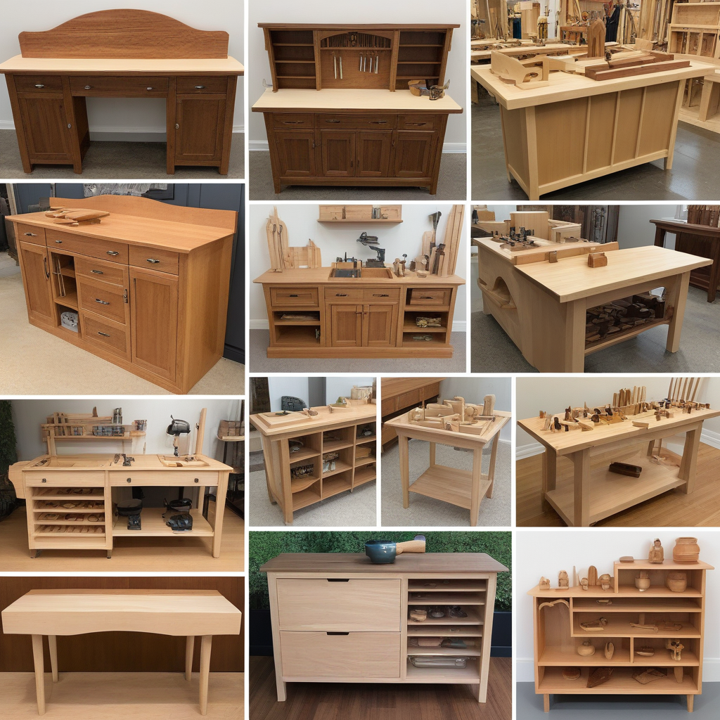 A collage showcasing various woodworking niches - custom furniture, wooden toys, cutting boards, etc