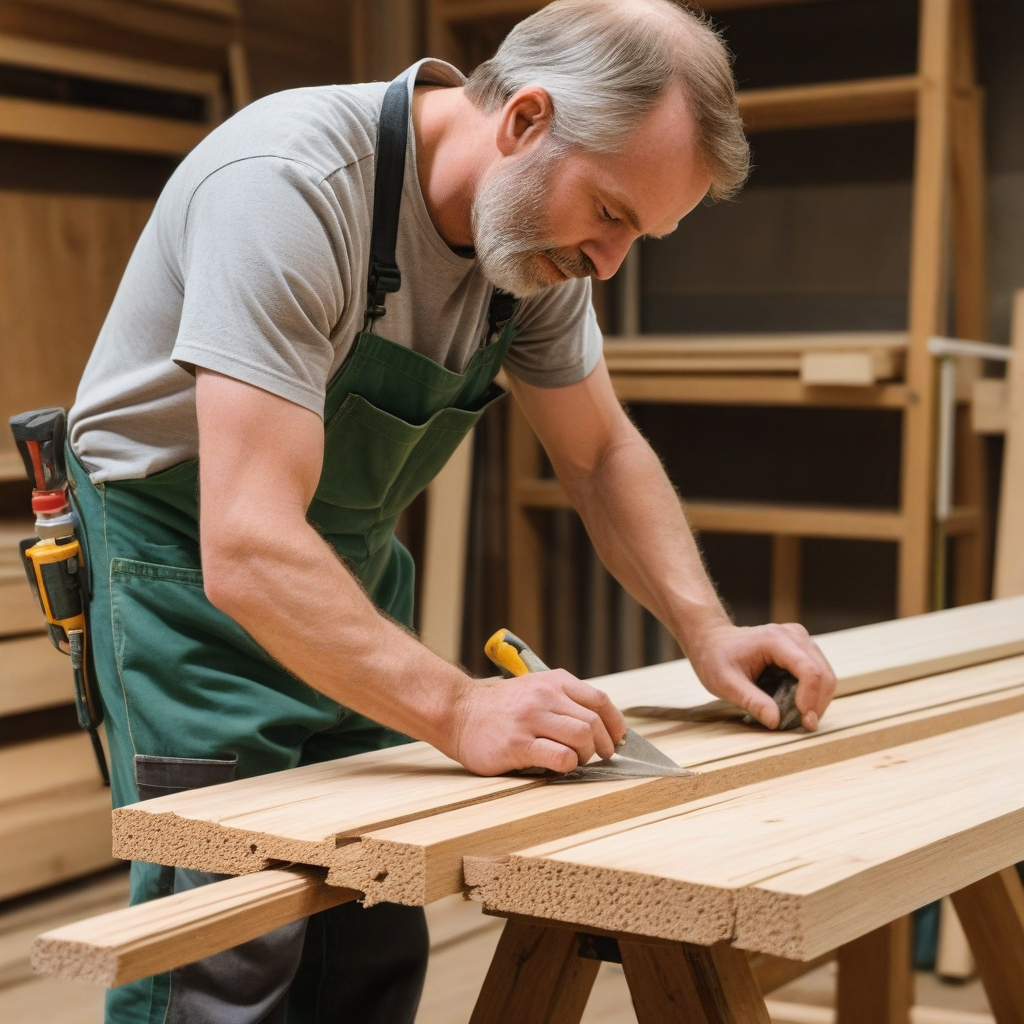 A woodworker working with reclaimed wood or applying eco-friendly finish