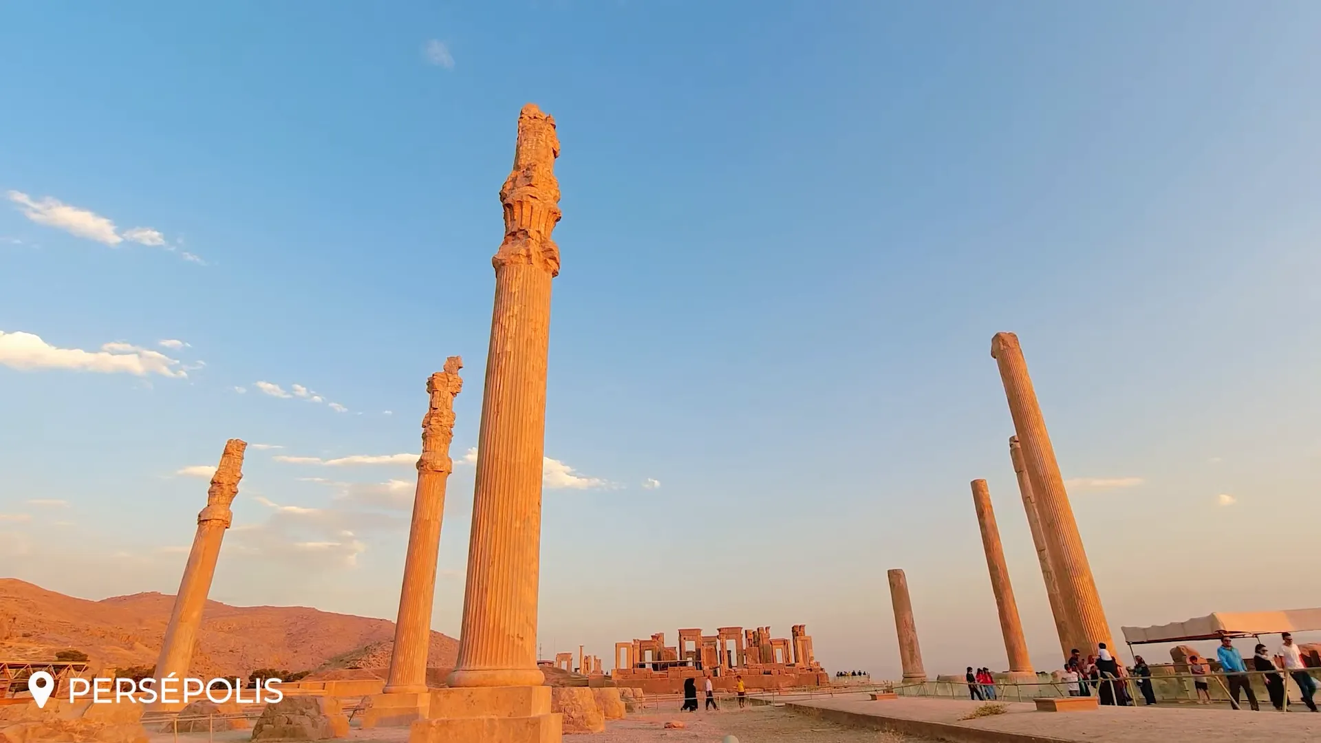 Colossal columns and carved reliefs at Persepolis in warm sunlight
