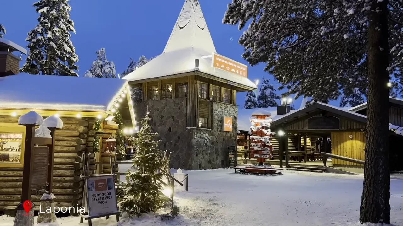 Santa Claus Village snowy street with wooden stalls