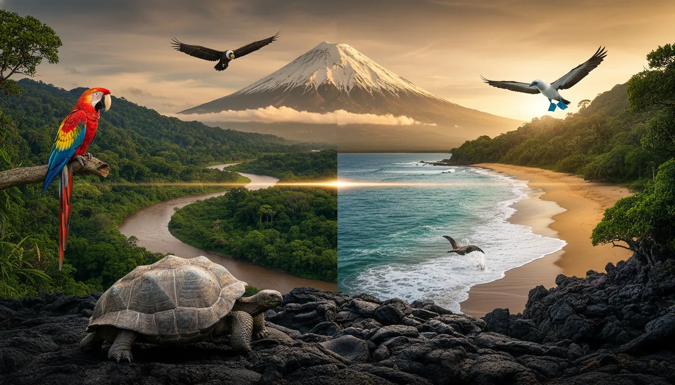 Panoramic montage of Ecuador: Andean volcano above clouds, Amazon river with macaw, Galápagos sea lion and tortoise, and a Pacific beach
