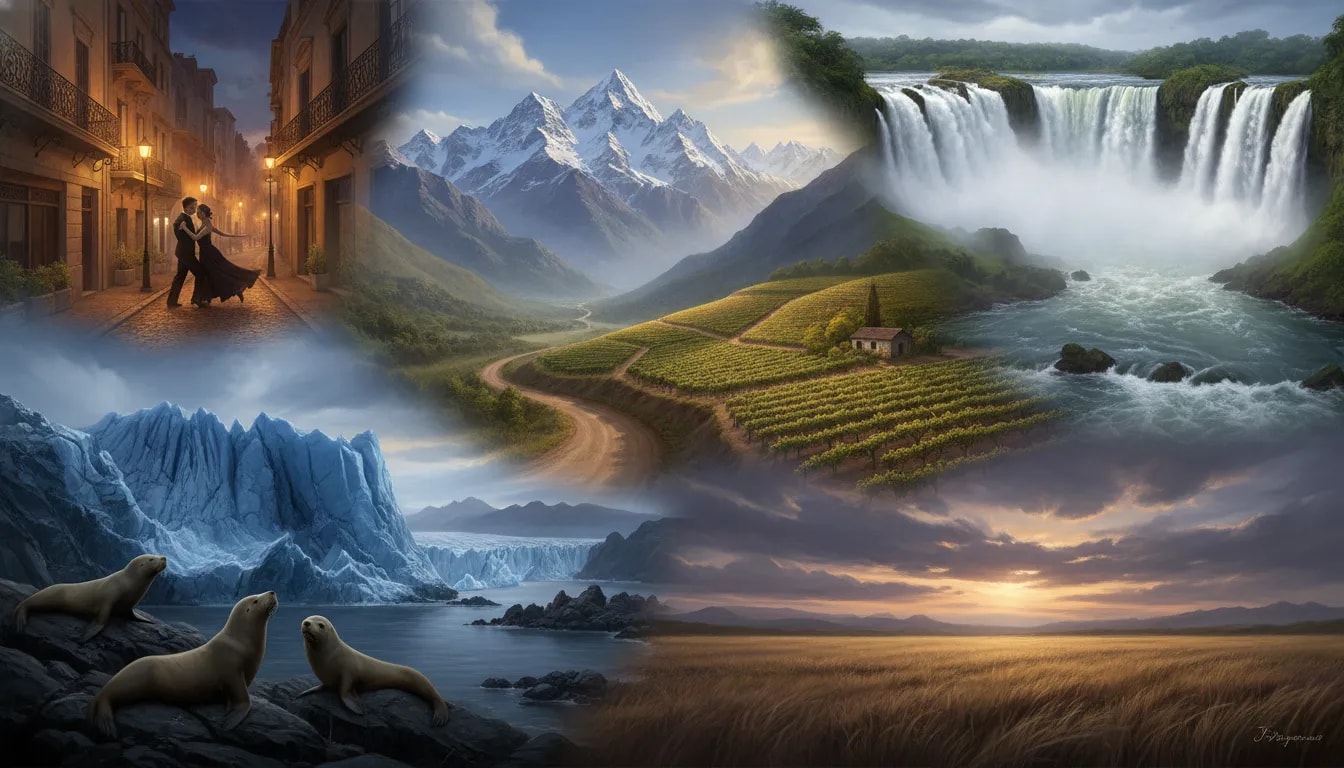 Cinematic multi-scene view of Argentina’s contrasts, featuring city lights, waterfalls, the Andes, vineyards, a glacier, rocky coastal sea lions, and open pampas under dramatic skies.