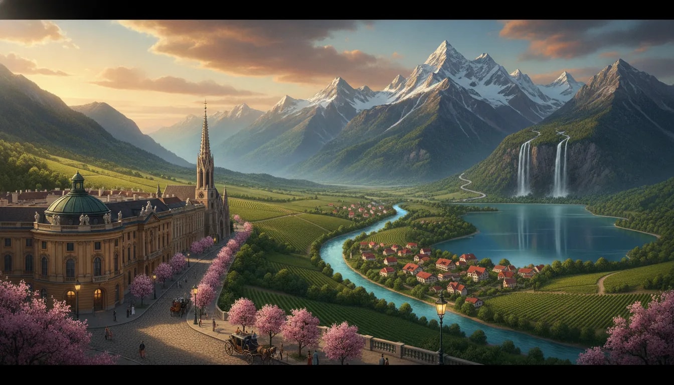Panoramic scene blending Austria’s imperial city architecture, vineyard valley, and snow-capped Alpine mountains along a winding road