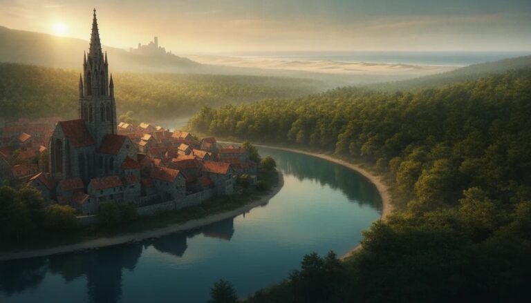 Fairytale-style Belgian landscape with a medieval town, Gothic tower, reflective river, forested valley, and distant coastline under golden light