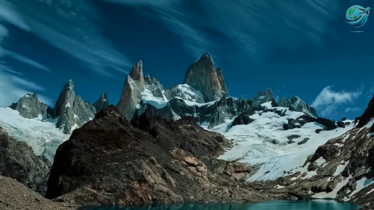 Jagged snow-covered peaks rising above rocky terrain and glacier ice