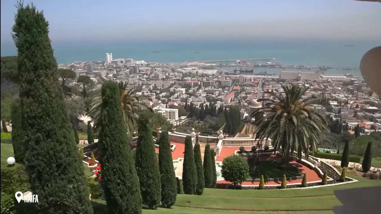 Terraced Bahai Gardens descending toward Haifa and the Mediterranean Sea