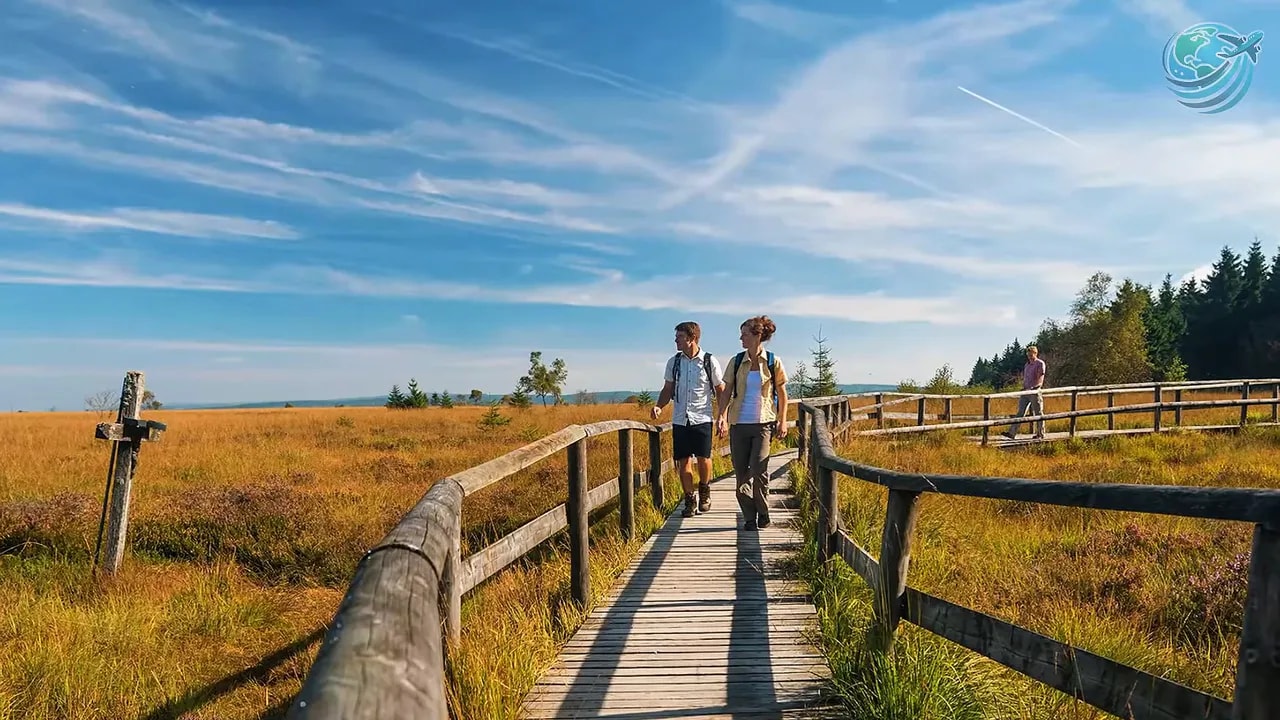 Wooden boardwalk crossing open heathland under a blue sky