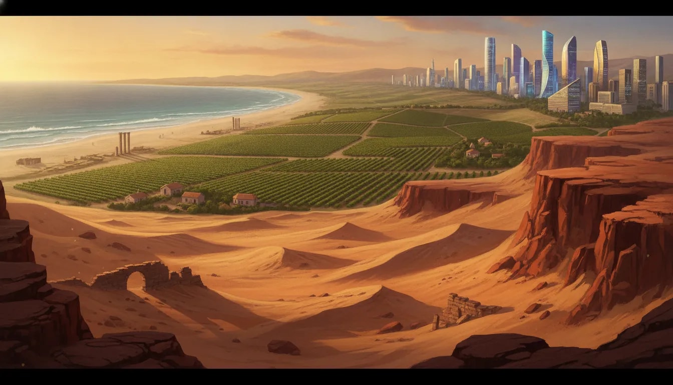 Panoramic illustration showing Israel’s contrasting landscapes from desert canyons to northern vineyards and a Mediterranean coastline with distant modern skyline and ancient ruins
