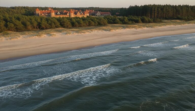 Golden-hour Baltic beach with distant Latvian historic town and surrounding evergreen forests