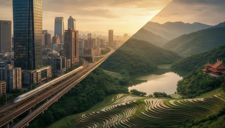 Wide cinematic view of Taiwan’s contrasts—Taipei skyline and high-speed rail blending into misty mountains, a mountain lake, terraced rice fields, and a traditional temple roof.
