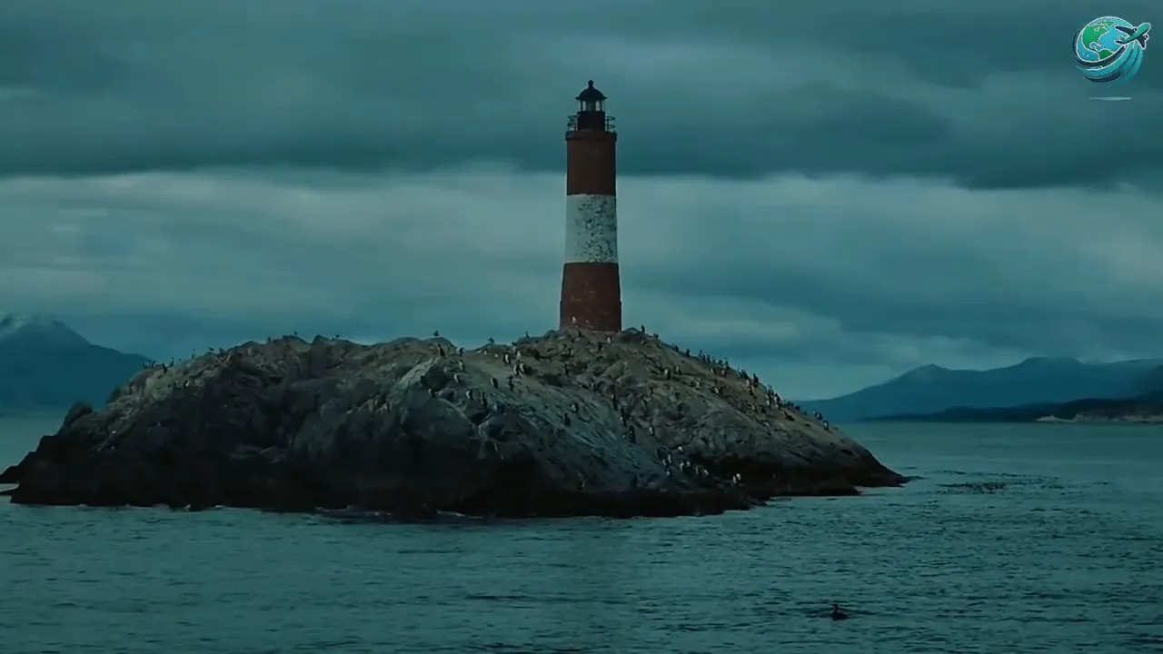 Red and white lighthouse on a rocky island in the Beagle Channel