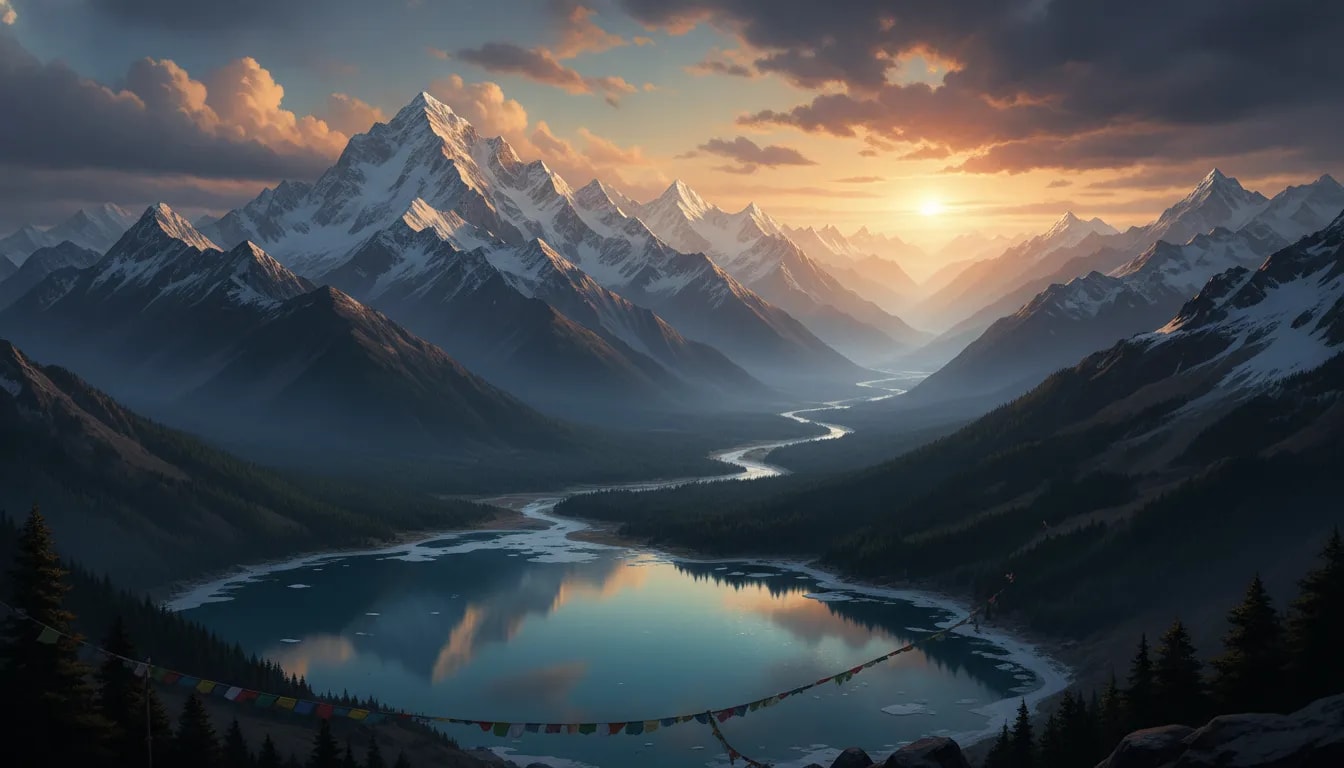 Cinematic panoramic view of the Himalayas with snowcapped peaks, valleys, winding rivers, and a sacred turquoise lake at golden hour
