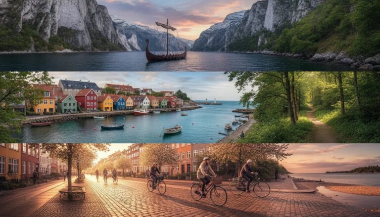 Cinematic wide collage of Denmark featuring a bike path, colorful harbor houses, a Viking longship by a fjord, white cliffs, and a sunset over wet sand