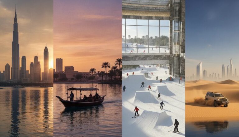 Cinematic collage of Dubai’s skyline, a traditional abra crossing water, indoor skiing experience, and desert dune adventure with luxury architecture at sunset—no text.