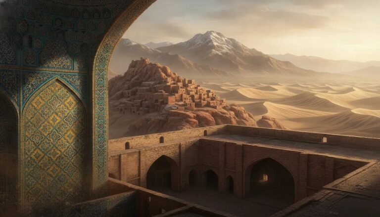 Cinematic panoramic view blending Persian mosque tiles, a historic bazaar arch, volcanic mountain villages, and desert-like extraterrestrial terrain under golden-hour light.