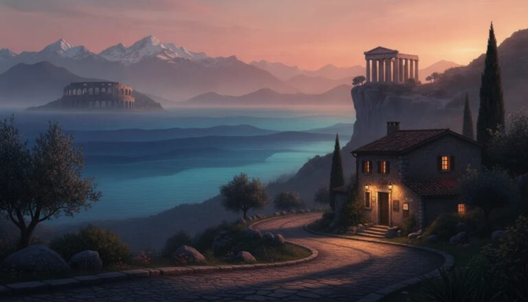 Dreamlike cinematic view of Italy blending ancient amphitheater and Greek temple silhouettes along a winding road with mountains and pink sunset over the sea.
