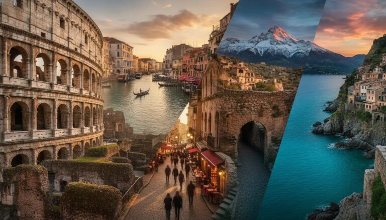 Cinematic, photorealistic collage of Italy’s unreal landscapes—ancient Roman ruins, a lively street, a floating city on water, stone-carved homes, pink sunset snowy peaks, and a cliffside village over a vivid blue sea—no text.