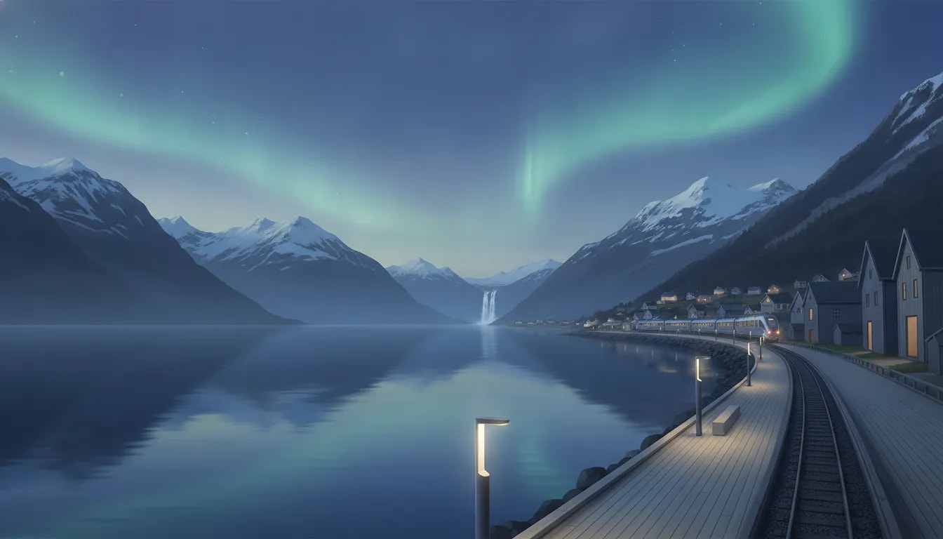 Cinematic fjord landscape in Norway at blue hour with snow-covered peaks, subtle modern waterfront lights, and a distant train by waterfalls under Arctic light.