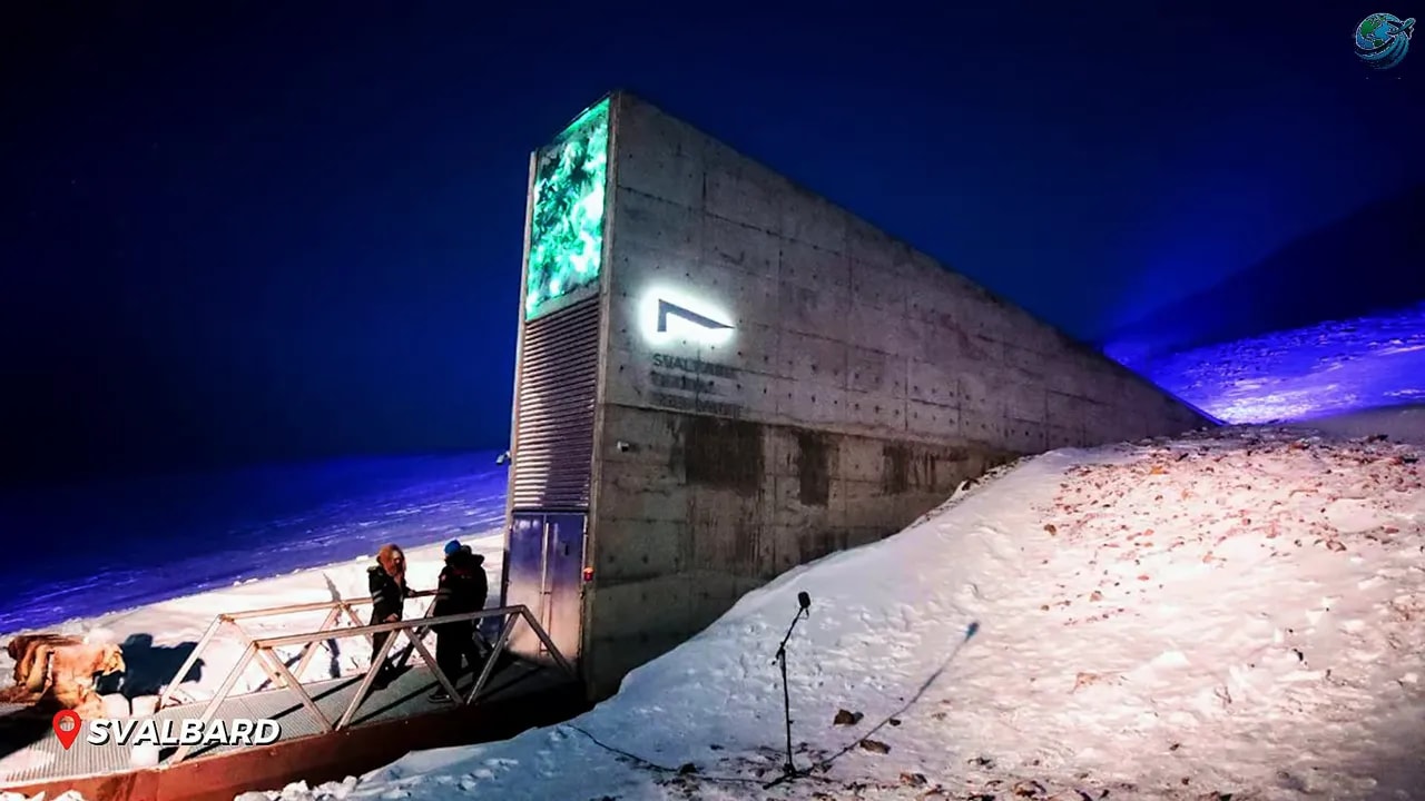 Illuminated entrance building of the Svalbard Global Seed Vault