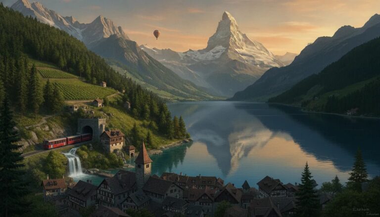 Cinematic travel scene in Switzerland showing Zurich-style town charm with alpine lakes, vineyards, a waterfall, and the Matterhorn at golden hour