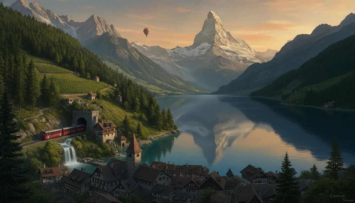 Cinematic travel scene in Switzerland showing Zurich-style town charm with alpine lakes, vineyards, a waterfall, and the Matterhorn at golden hour